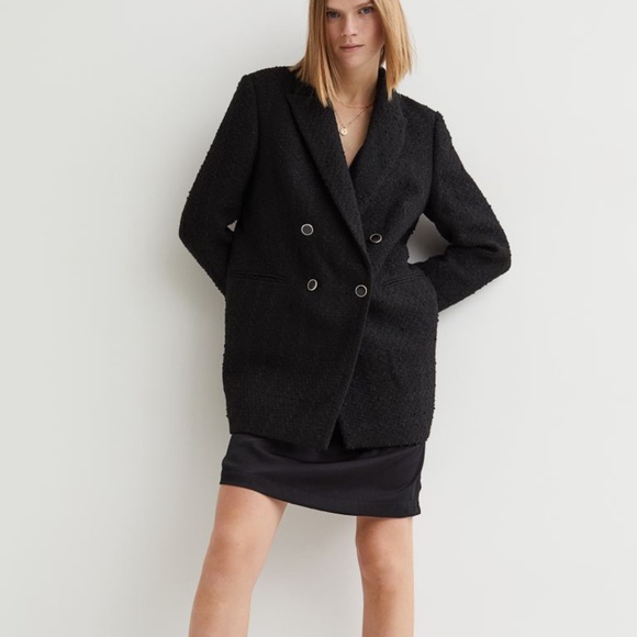 H&M STRAIGHT-STYLE BOUCLÉ BLACK JACKET BLAZER CHIC Large - Picture 1 of 3